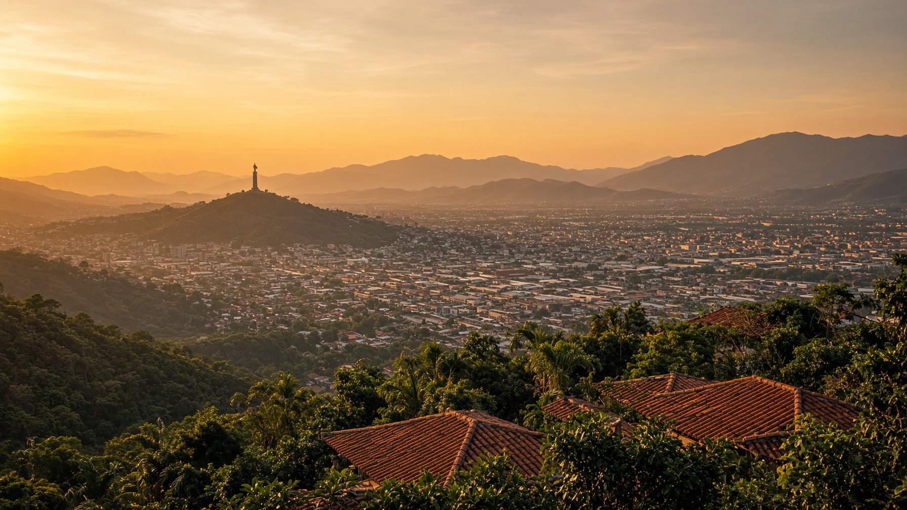 Santiago de Cali at golden hour, looking across the valley toward the mountains