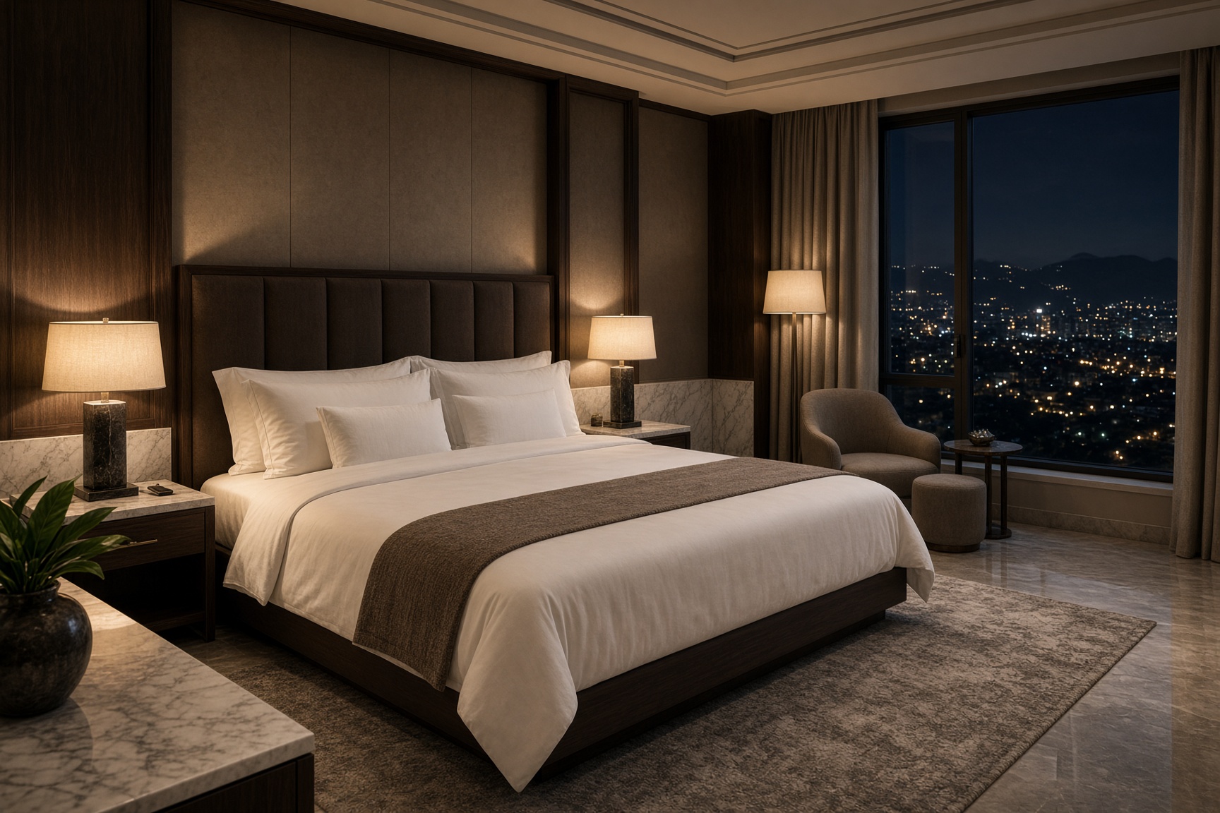 Five-star hotel suite in Cali, evening lamps, city lights in the window