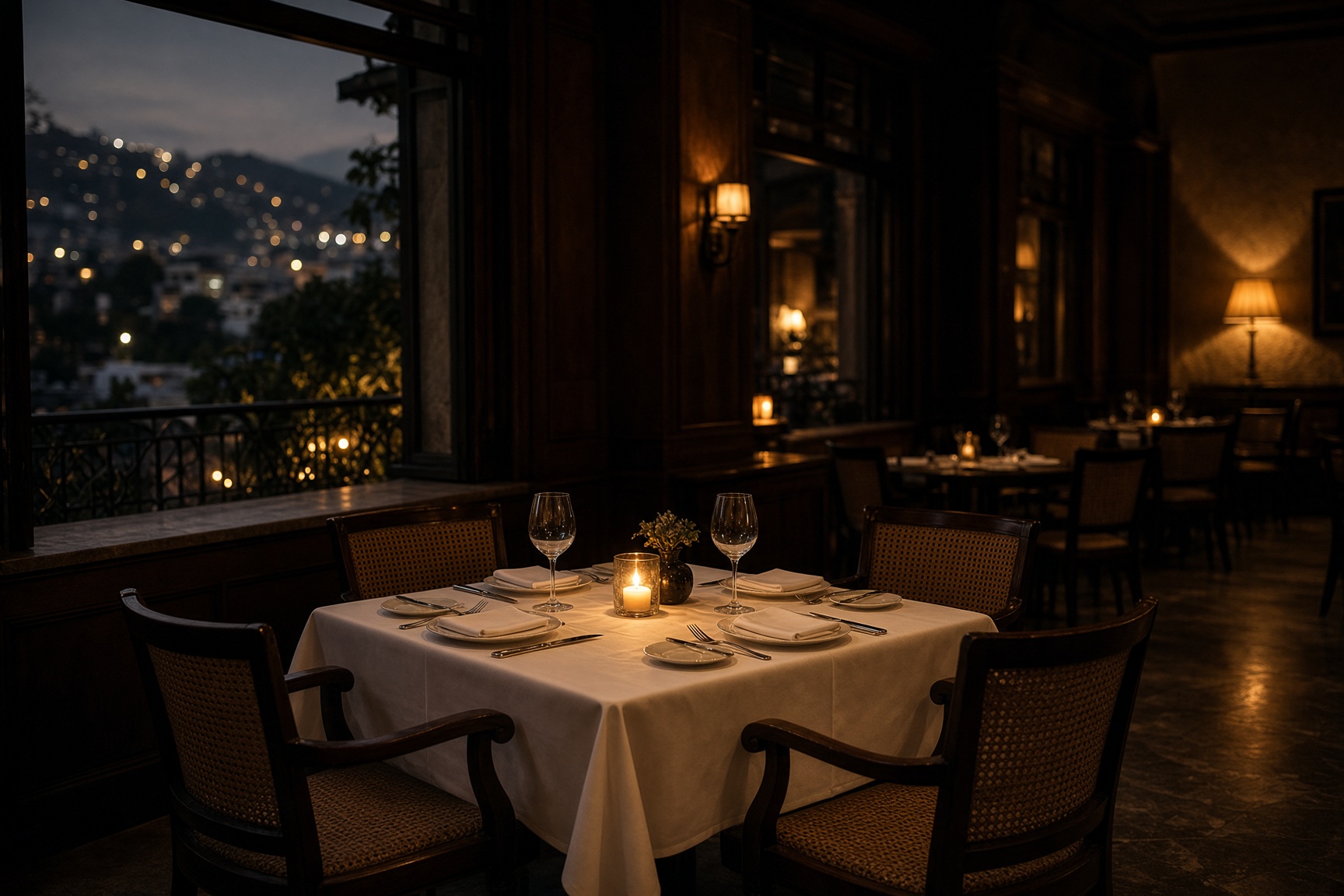 Set table for two in a quiet upscale restaurant, evening