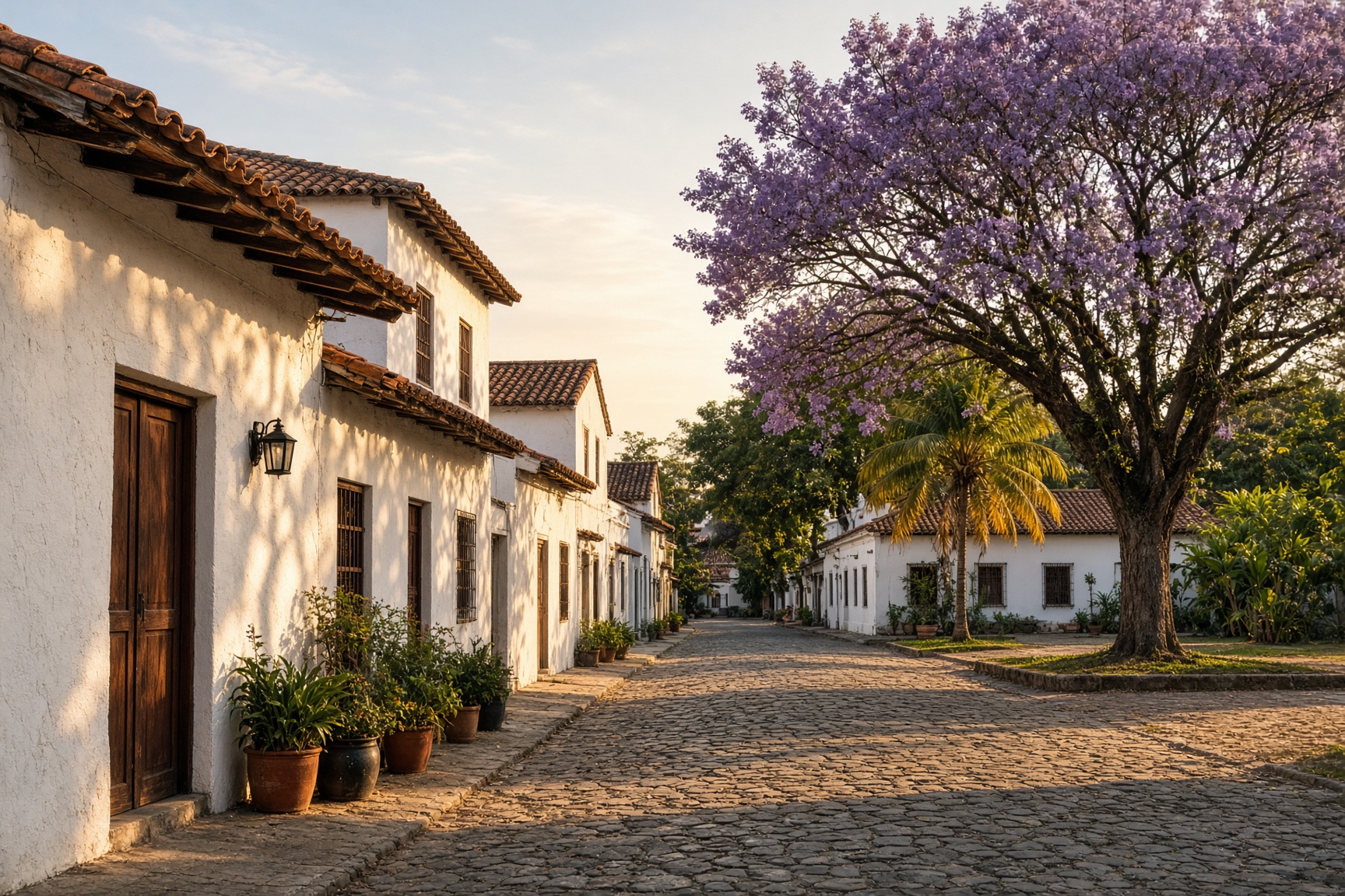 Quiet colonial street in San Antonio, Cali, late afternoon
