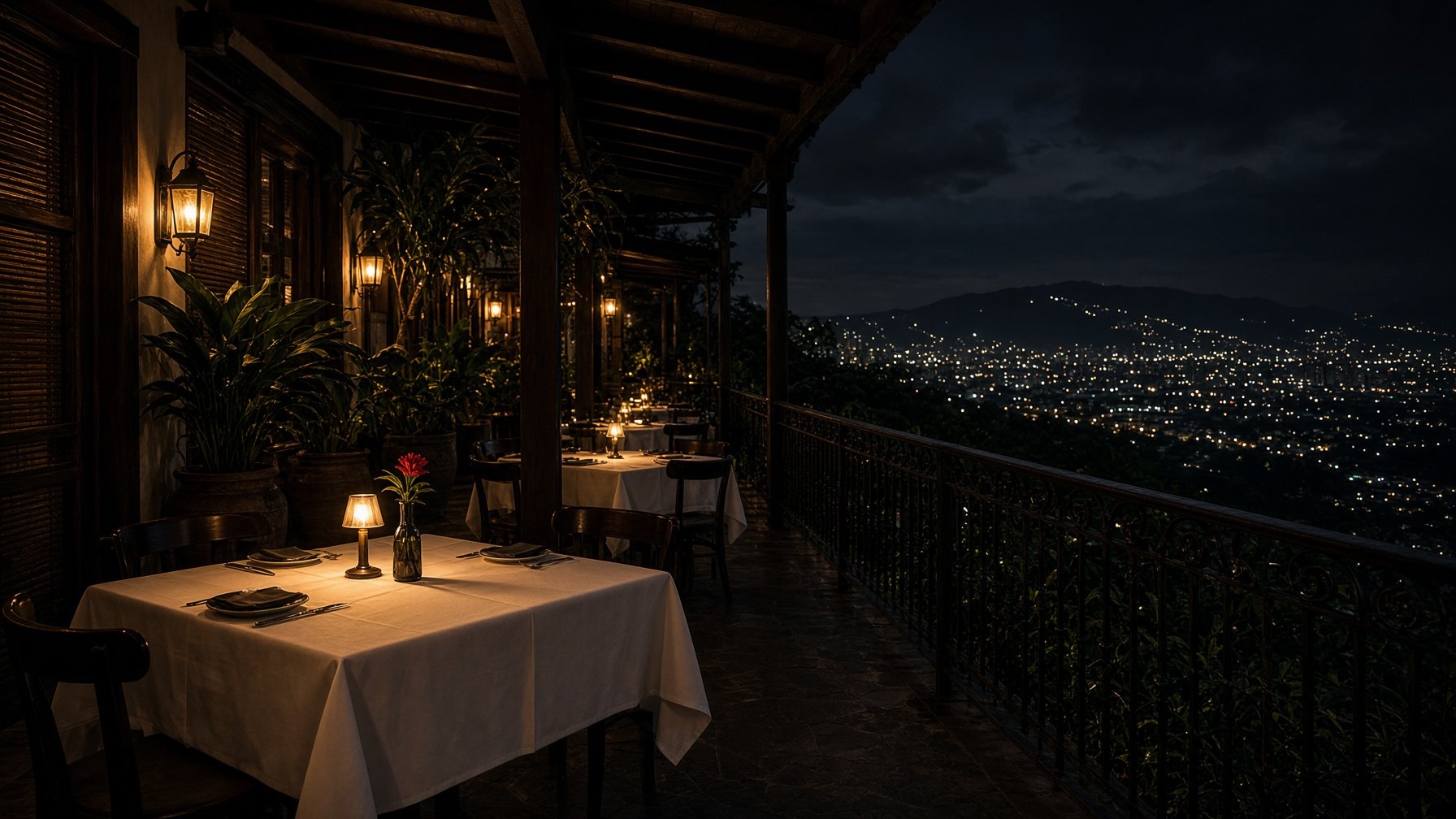 Quiet evening terrace overlooking city lights